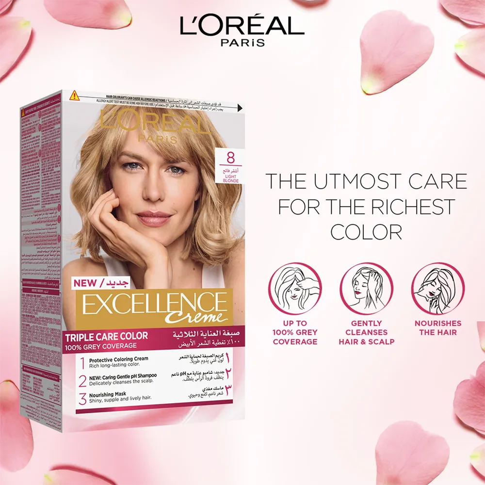 L’Oréal Paris Excellence Creme Permanent Hair Color - 8 Light Blonde (100 g) thumbnail 2