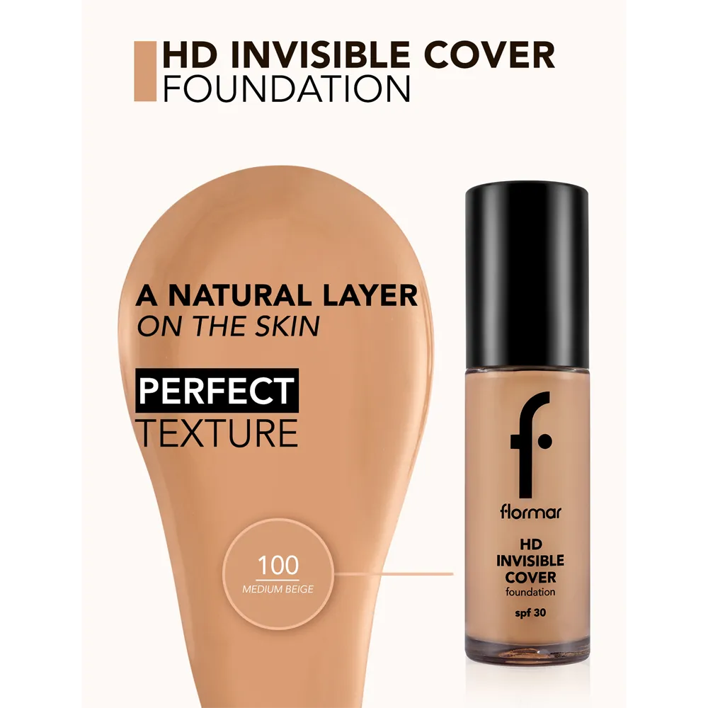 Flormar Invisible Cover HD Foundation SPF 30 - 100 Medium Beige (30 ml) thumbnail 4