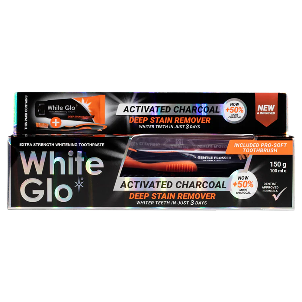 White Glo Charcoal Deep Stain Remover Whitening Toothpaste With Toothbrush - 150 g thumbnail 1