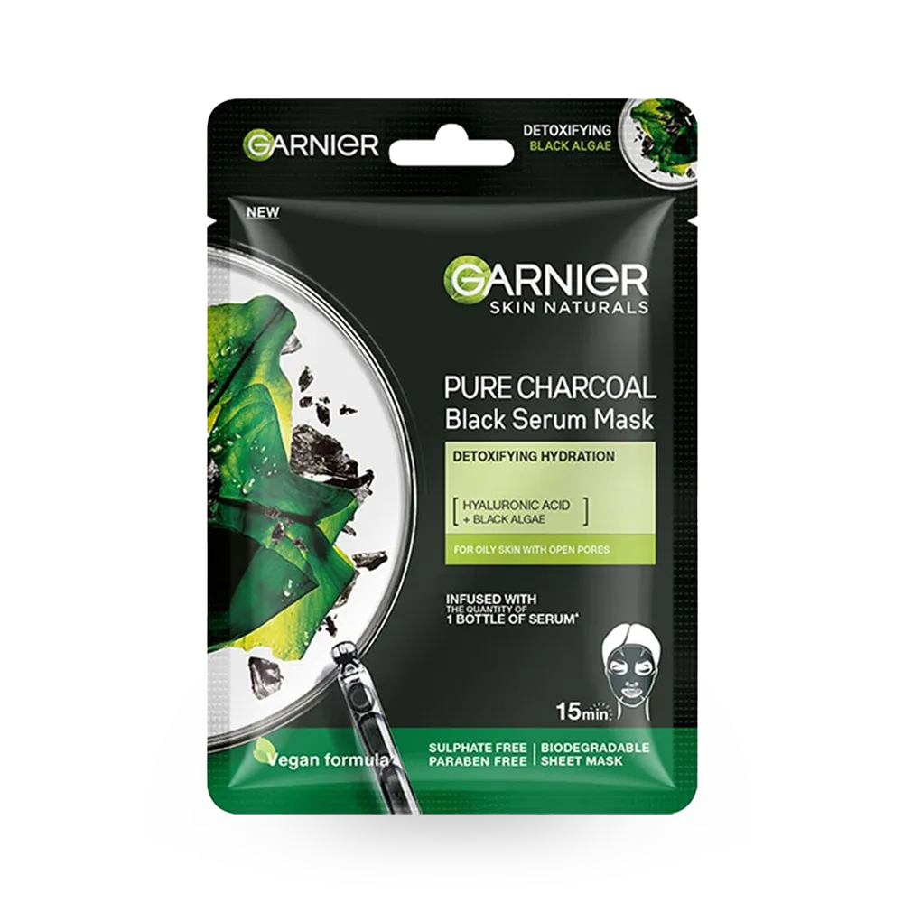 Garnier SkinActive Pure Charcoal Black Sheet Mask - Hyaluronic Acid + Black Algae + LHA - 28 g thumbnail 1
