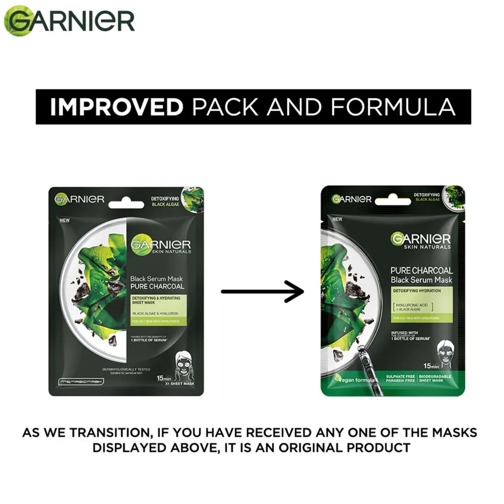 Garnier SkinActive Pure Charcoal Black Sheet Mask - Hyaluronic Acid + Black Algae + LHA - 28 g thumbnail 7